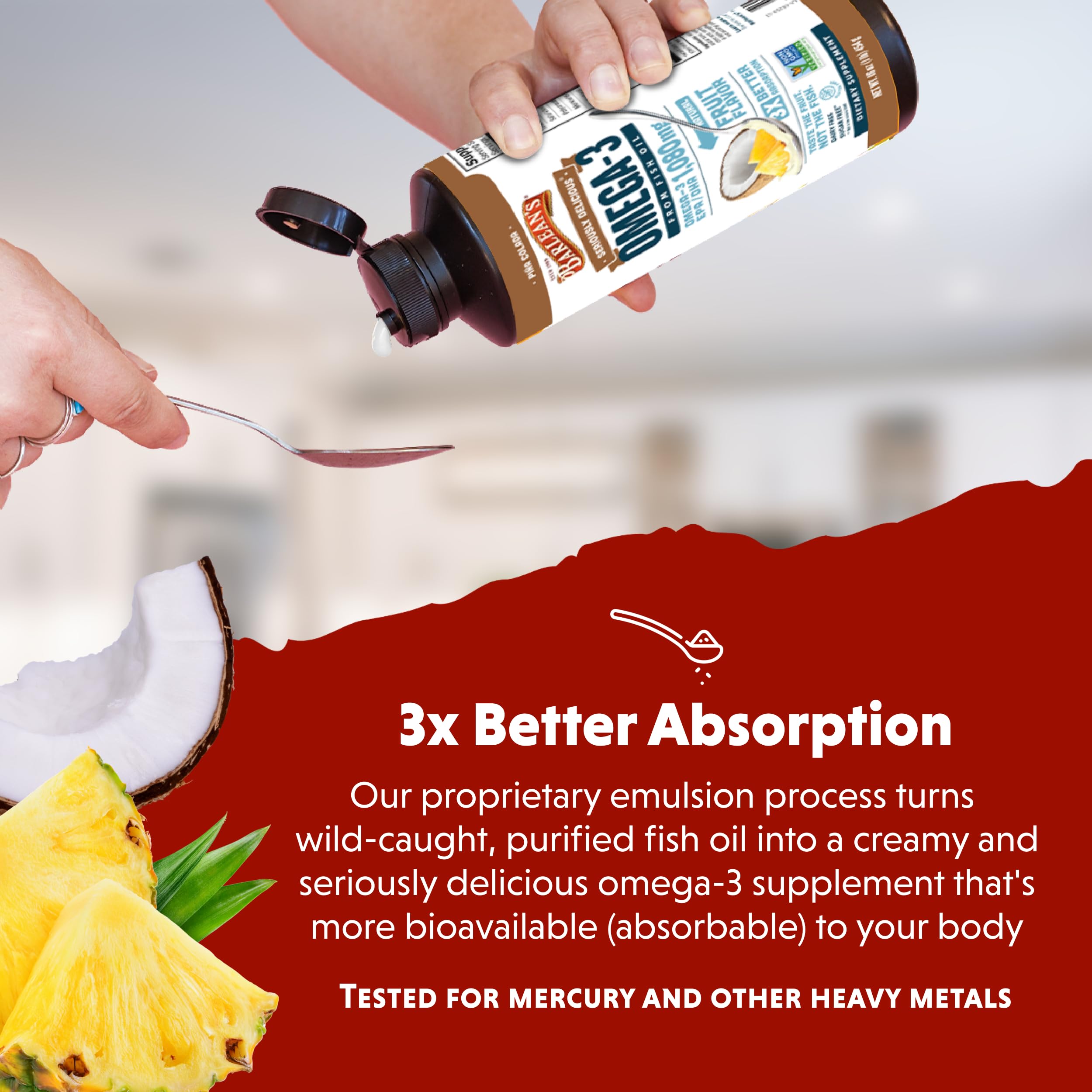 Barlean's Omega-3 bottle on a breakfast table for daily use, may support routine wellness.