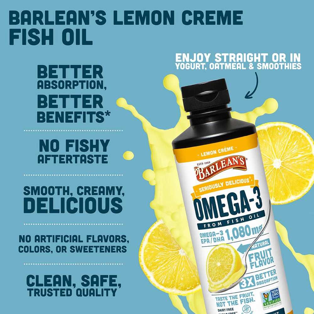 Barlean's Lemon Crème bottle close-up with measurement marks for dosing.