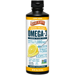 Barlean's Omega-3 liquid bottle on kitchen counter, lemon crème flavor may support daily wellness.