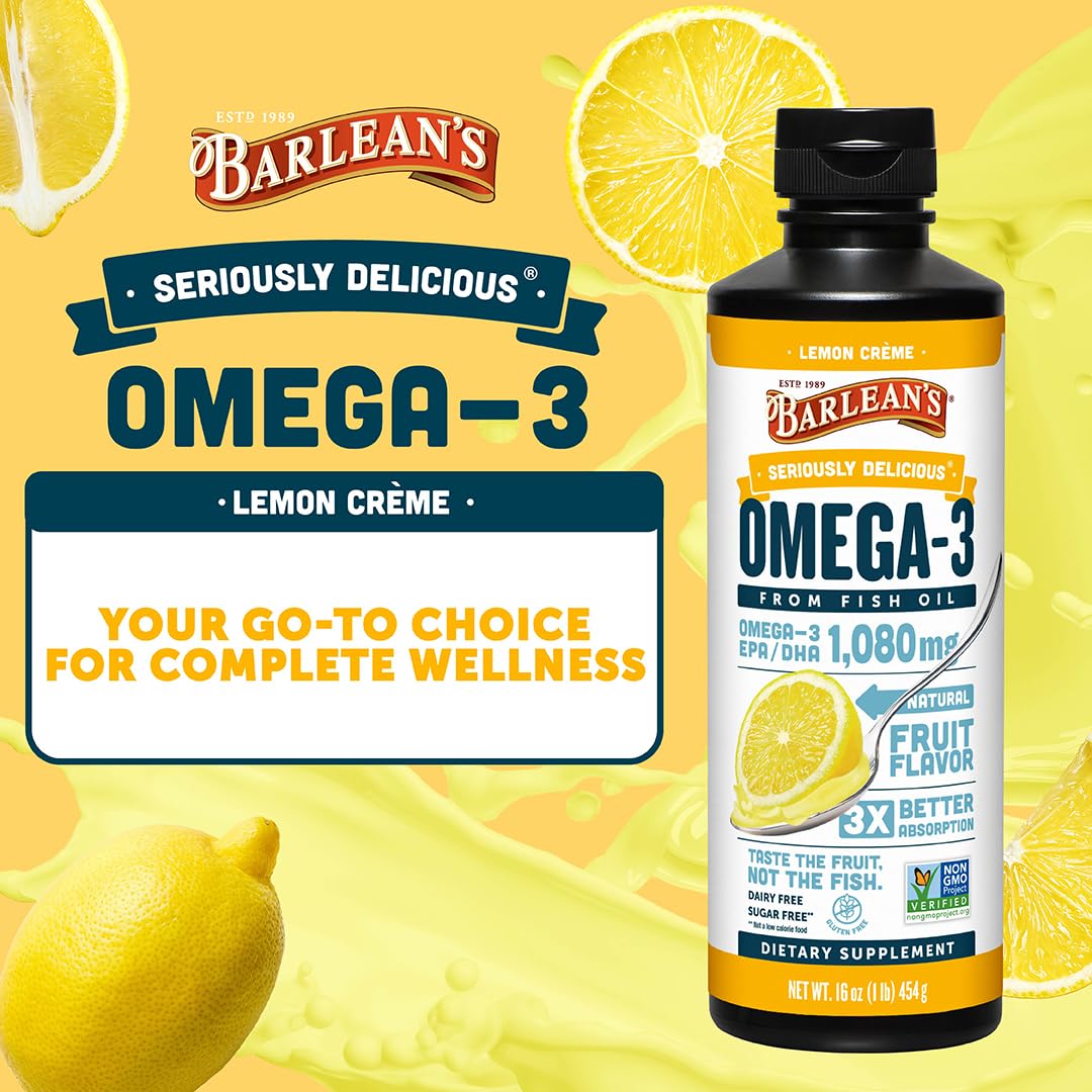 Barlean's Omega-3 liquid being poured, smooth texture suggests easy digestion.