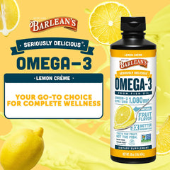Barlean's Omega-3 liquid being poured, smooth texture suggests easy digestion.