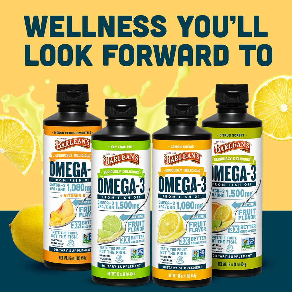 Barlean's Omega-3 liquid beside yogurt, easy daily addition to meals.