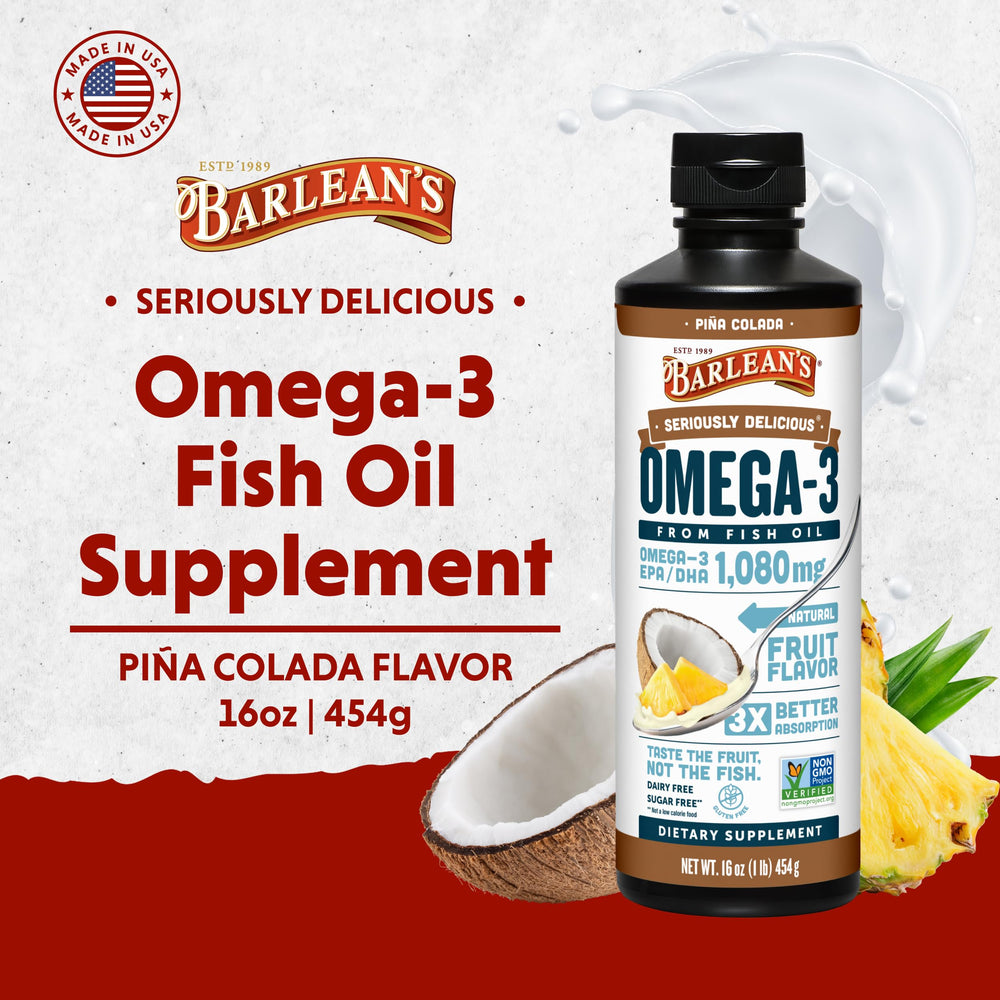 Barlean's Omega-3 liquid on a spoon for burpless daily dose, may support brain health.