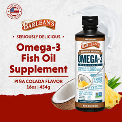 Barlean's Omega-3 liquid on a spoon for burpless daily dose, may support brain health.