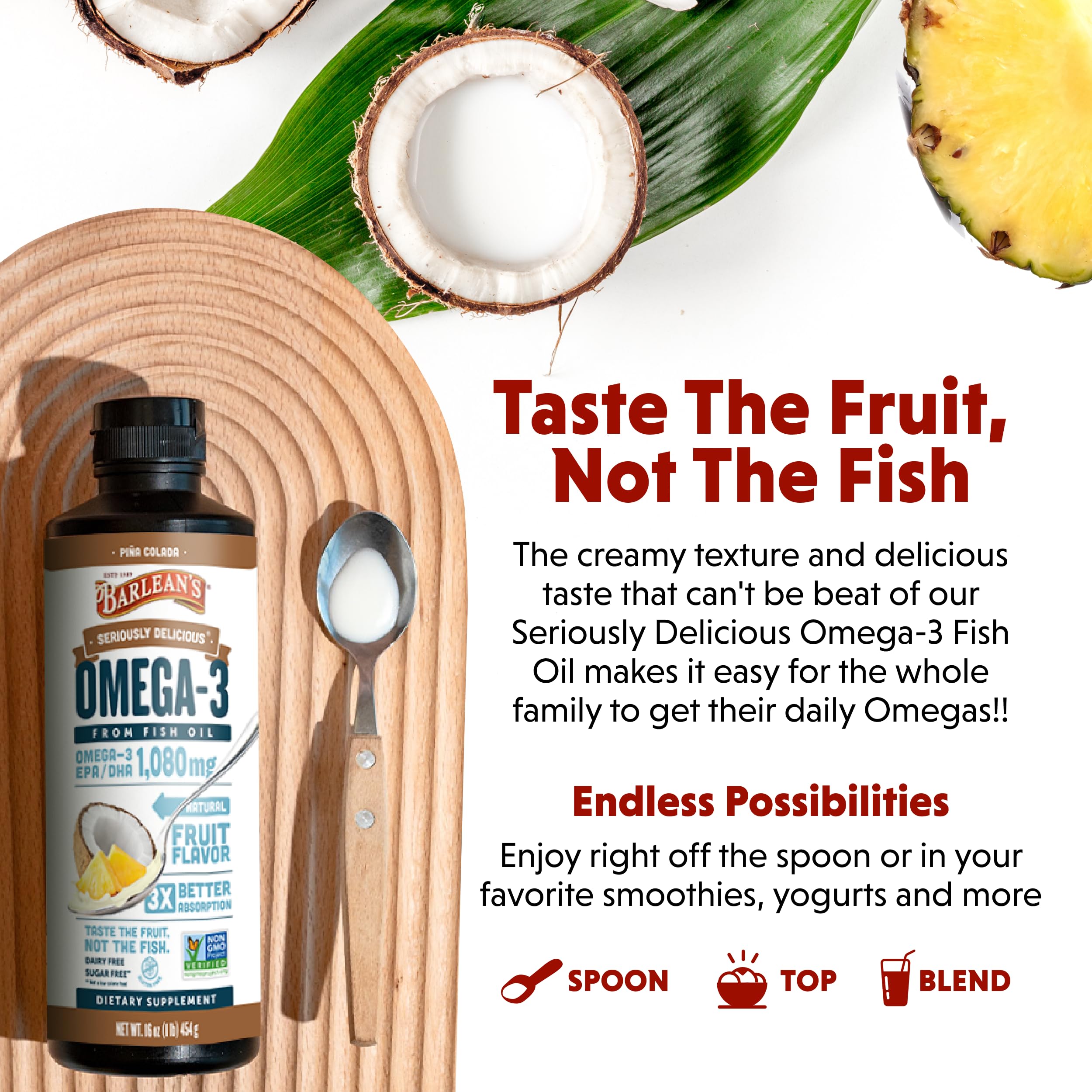 Barlean's Omega-3 liquid drizzled over yogurt for a tasty boost, may support health.