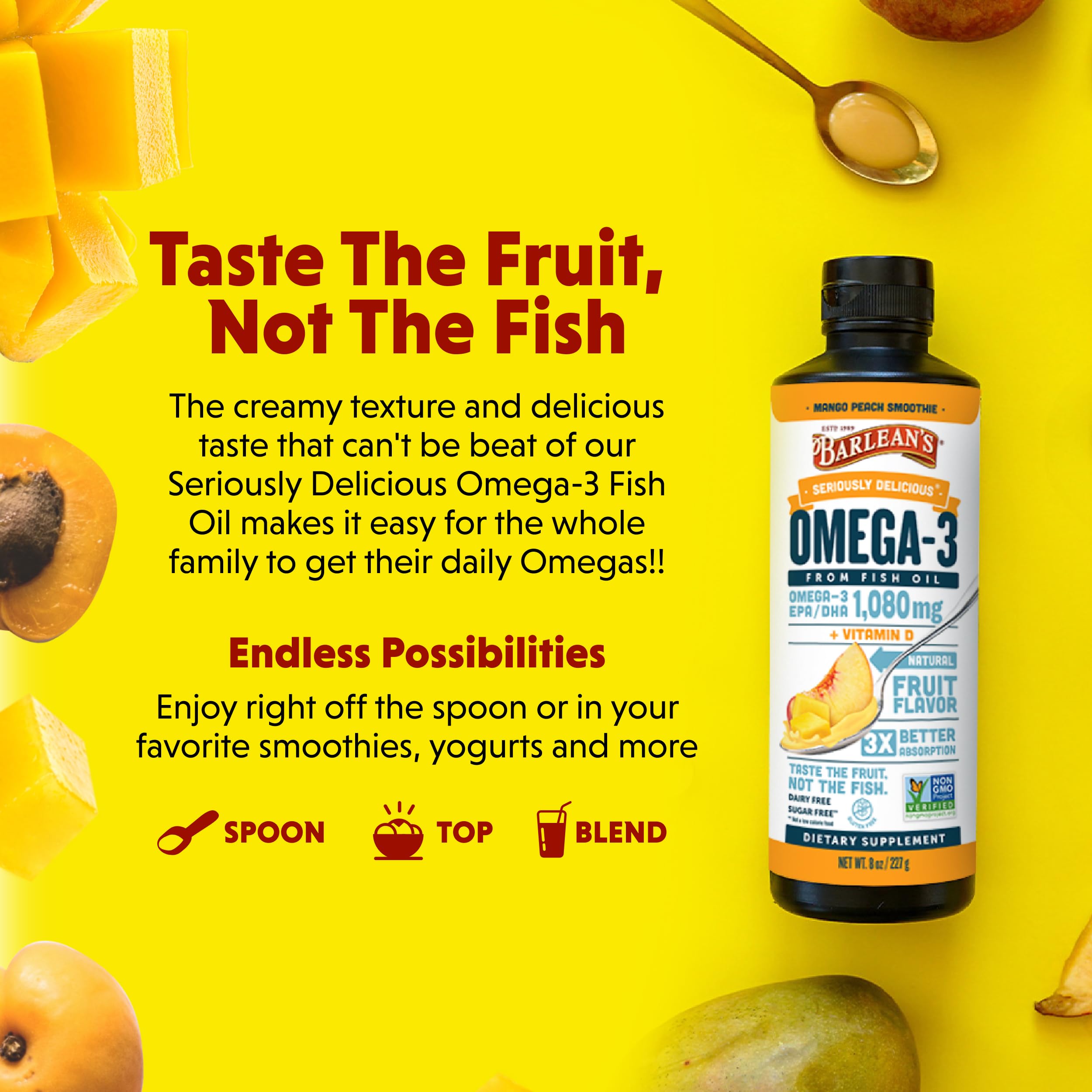 Close-up of Barlean's Omega-3 label showing 1080 mg EPA/DHA and 600 IU vitamin D