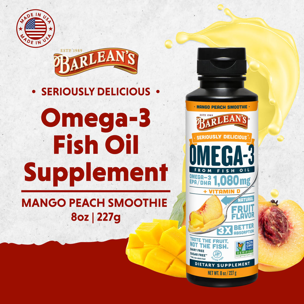 Barlean's Omega-3 liquid being poured highlighting burpless absorption