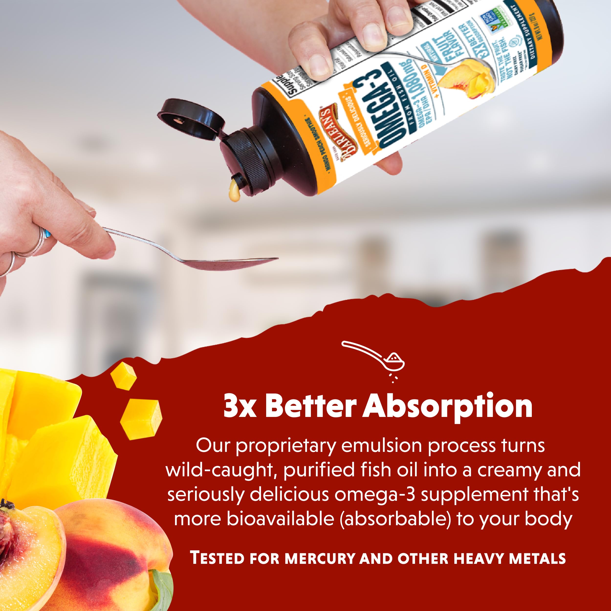 Barlean's bottle with spoon demonstrates easy mixing into yogurt