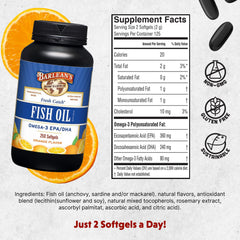 Barlean's Omega-3 250-count pack highlights easy, everyday daily usage.