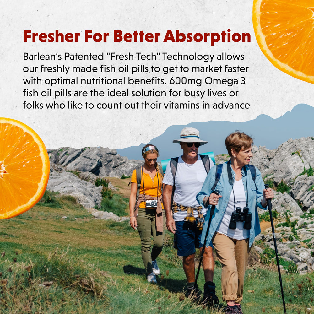 Barlean's Omega-3 orange bottle front view indicates portable daily supplementation.