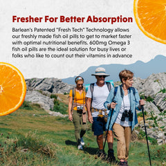 Barlean's Omega-3 orange bottle front view indicates portable daily supplementation.