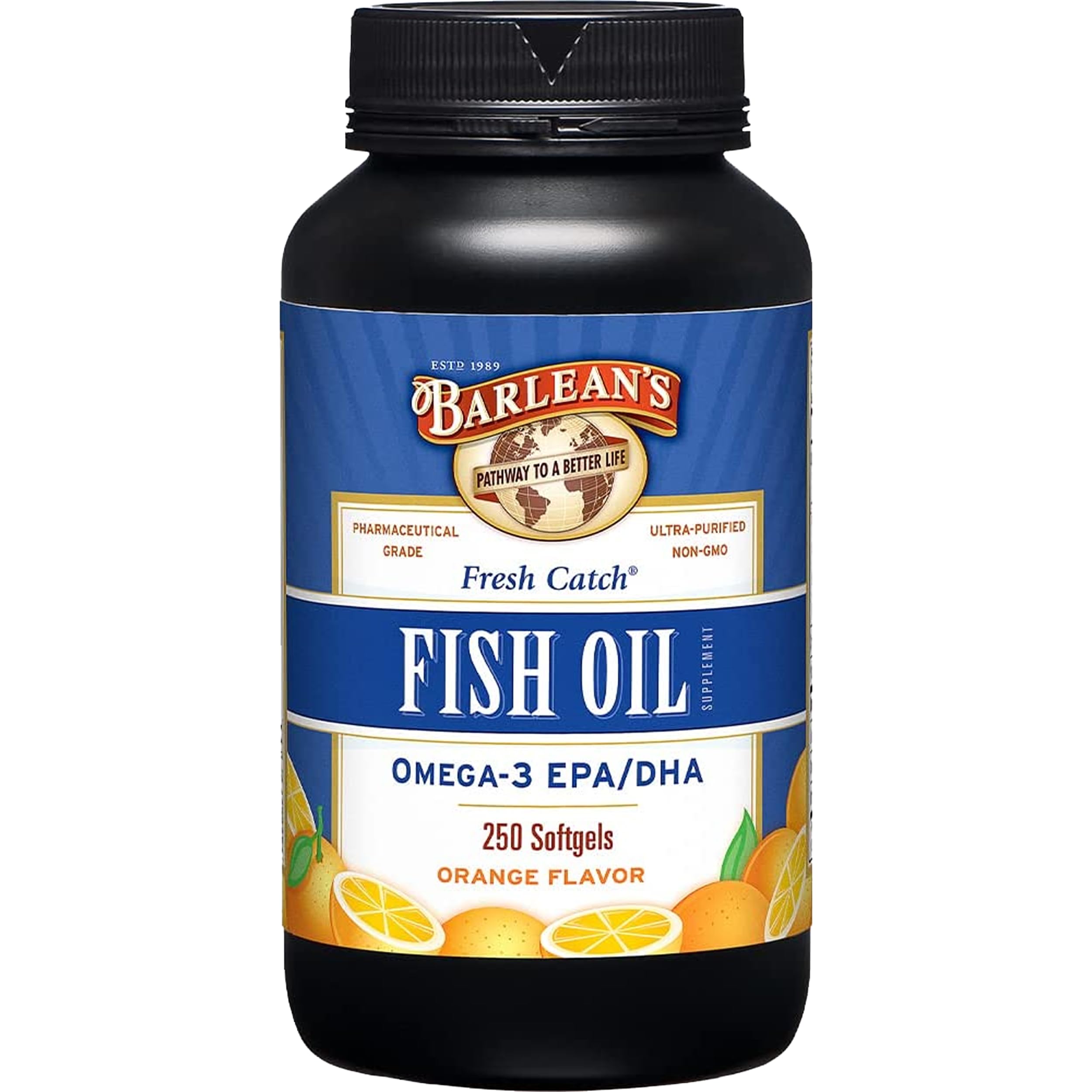 Barlean's Omega-3 orange bottle on kitchen counter for daily heart and brain support.