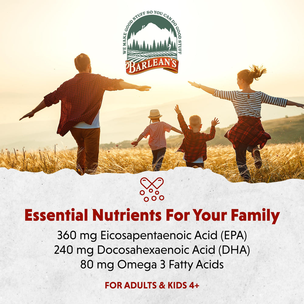 Barlean's Omega-3 softgels with easier dosing for busy lifestyles.
