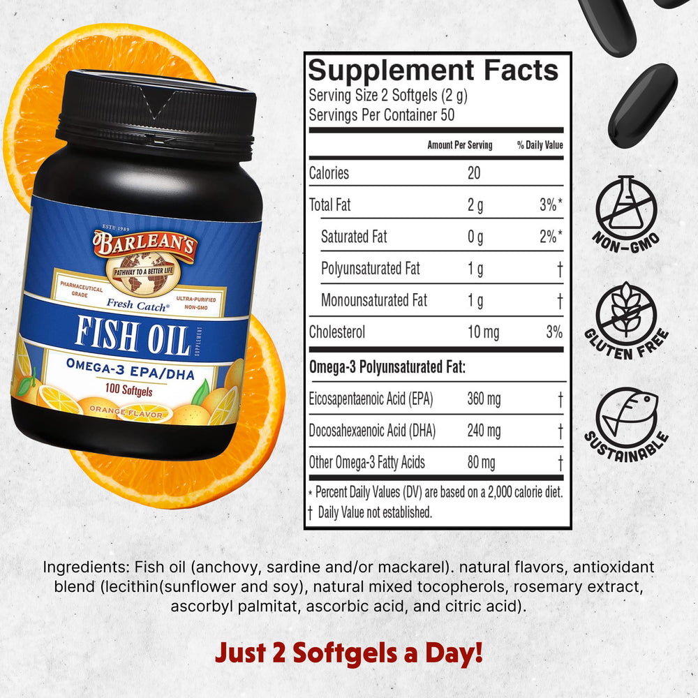 Barlean's orange-flavored omega-3 softgels on bottle promote easy, flavorful daily intake.