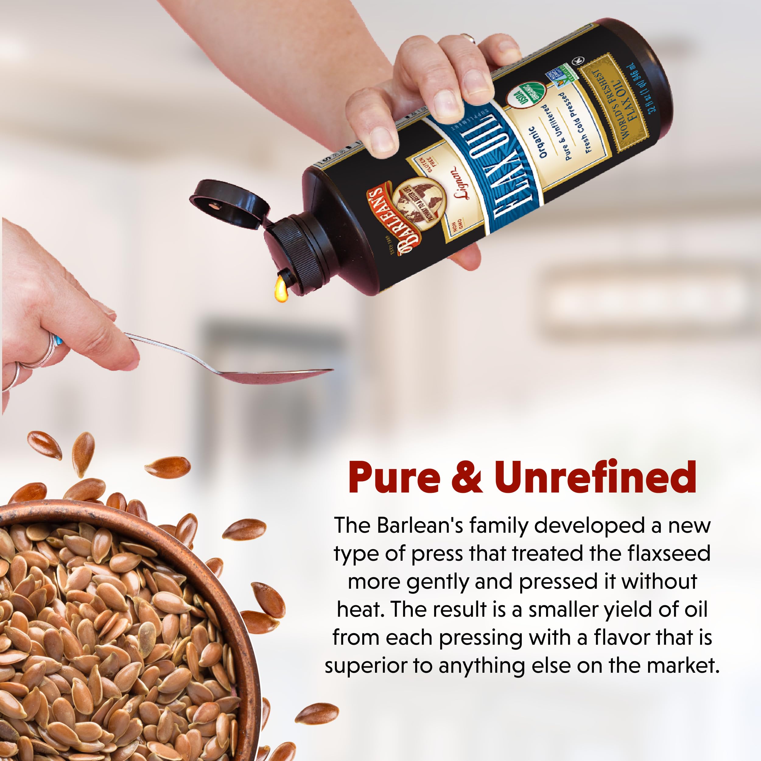 Barlean's Organic flax seeds image highlights non-GMO, fresh quality ingredients.