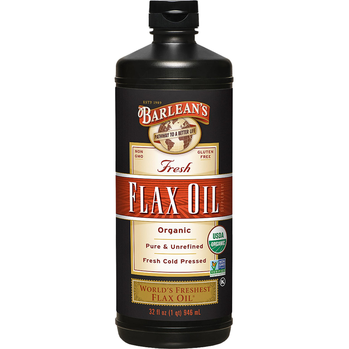 Barlean's Organic Flaxseed Oil bottle on a kitchen shelf, versatile for dressings and smoothies.