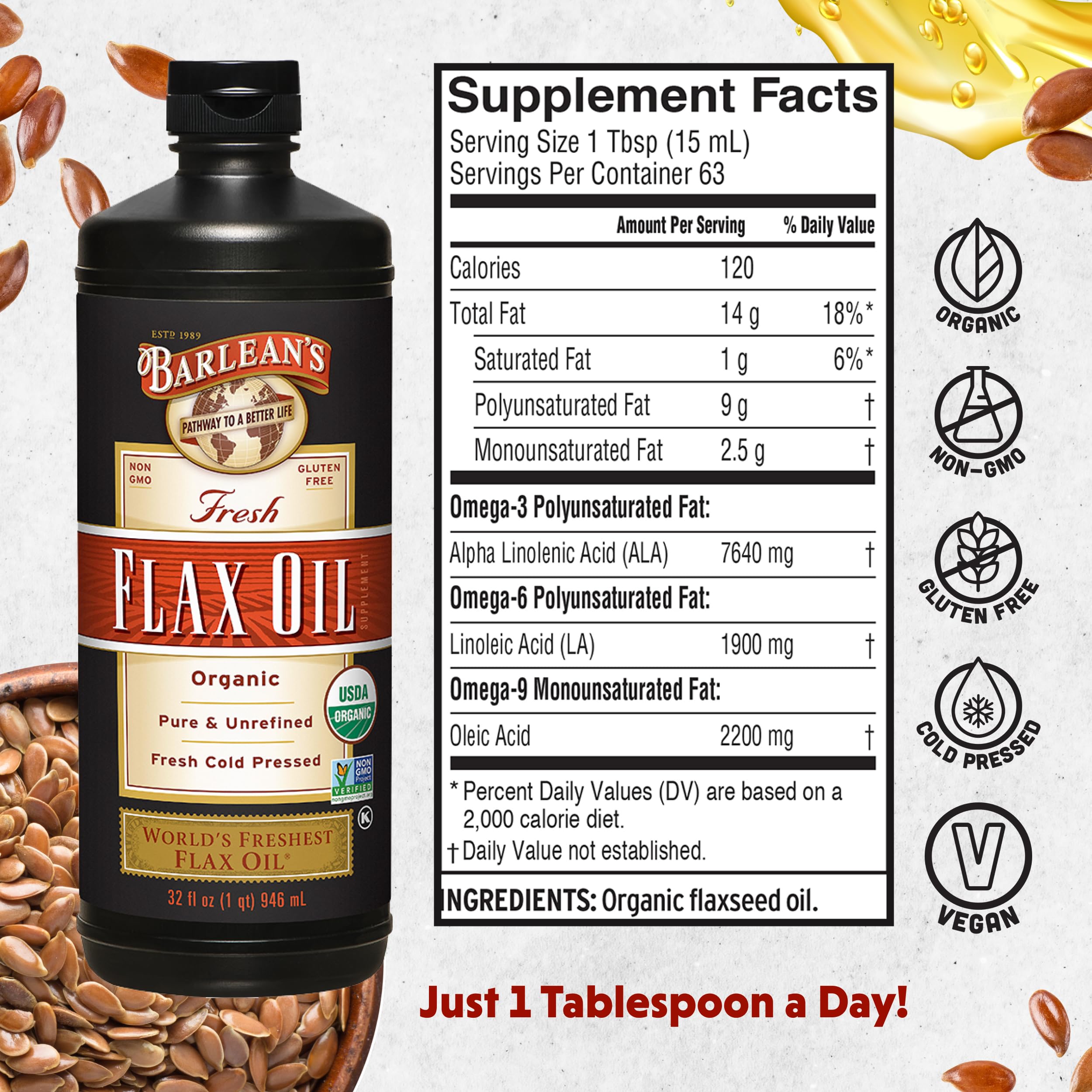 Barlean's Organic Flaxseed Oil being poured, ideal for drizzling into salads or yogurt.