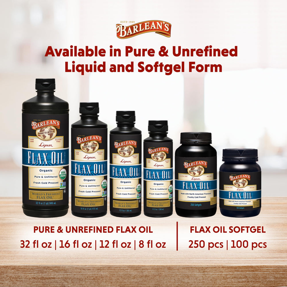 Barlean's Organic Lignan Flax Oil bottle front showcases trusted USA-made branding.