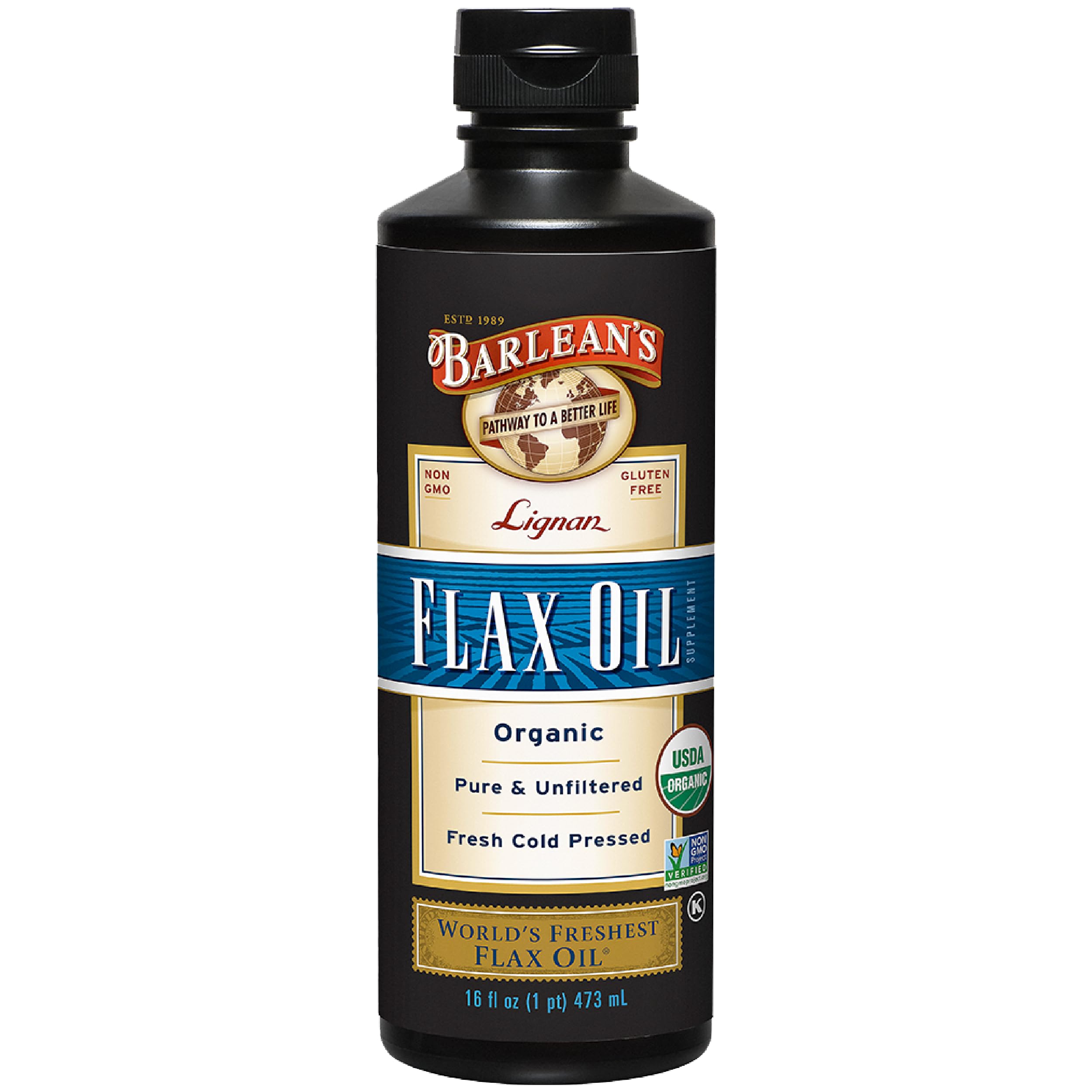 Barlean's Organic Lignan Flax Oil bottle pour highlights easy daily use and nutty flavor.