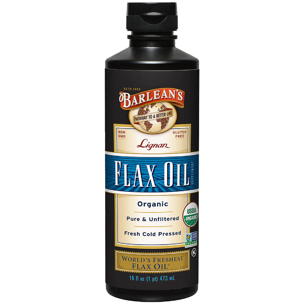 Barlean's Organic Lignan Flax Oil bottle pour highlights easy daily use and nutty flavor.