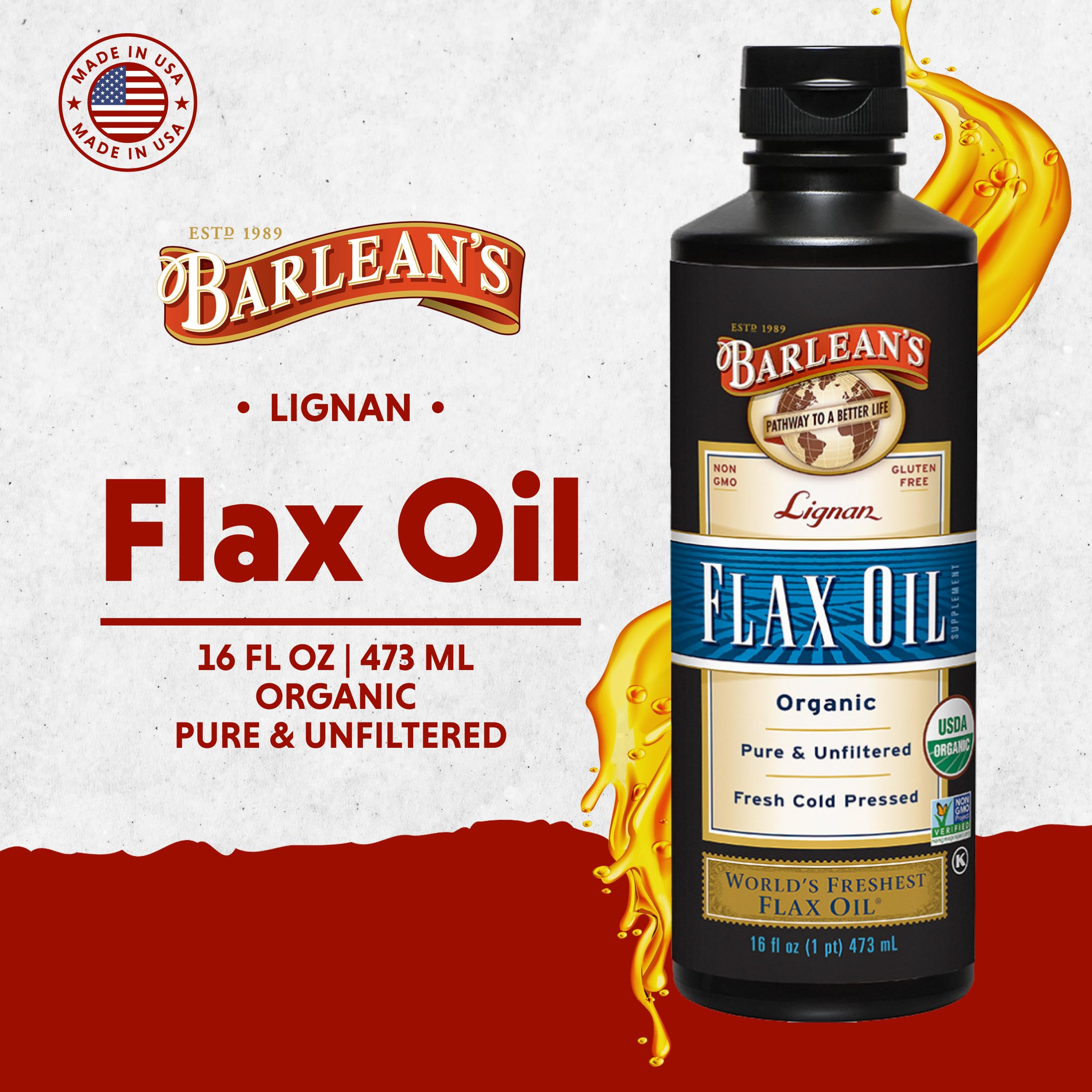 Barlean's Organic Lignan Flax Oil label closeup shows organic, vegan, gluten free credentials.