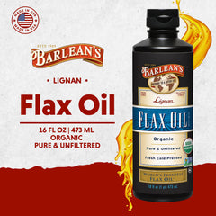 Barlean's Organic Lignan Flax Oil label closeup shows organic, vegan, gluten free credentials.