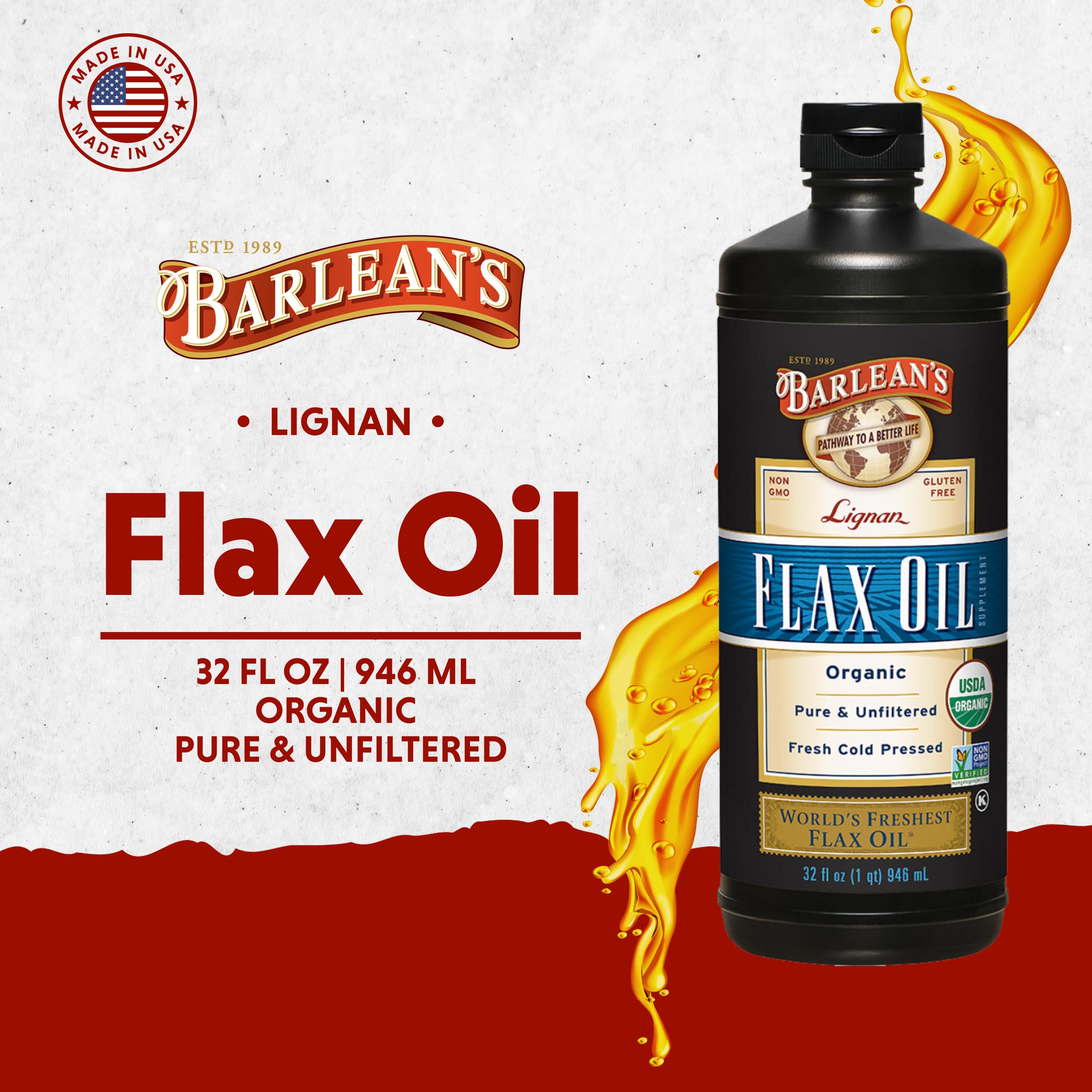 Barlean's flaxseed oil being poured for dressings or smoothies.