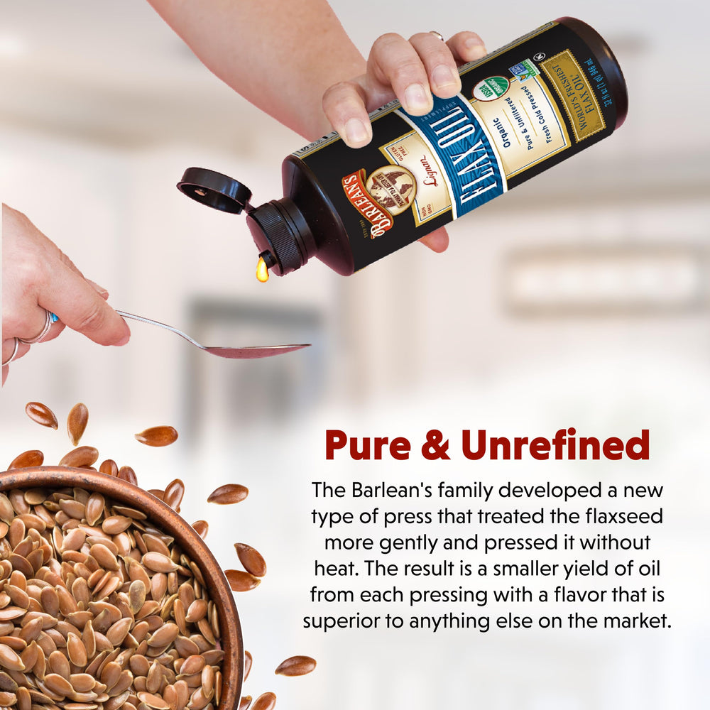Barlean's organic non-GMO flax seeds close-up, a fresh source for the oil.
