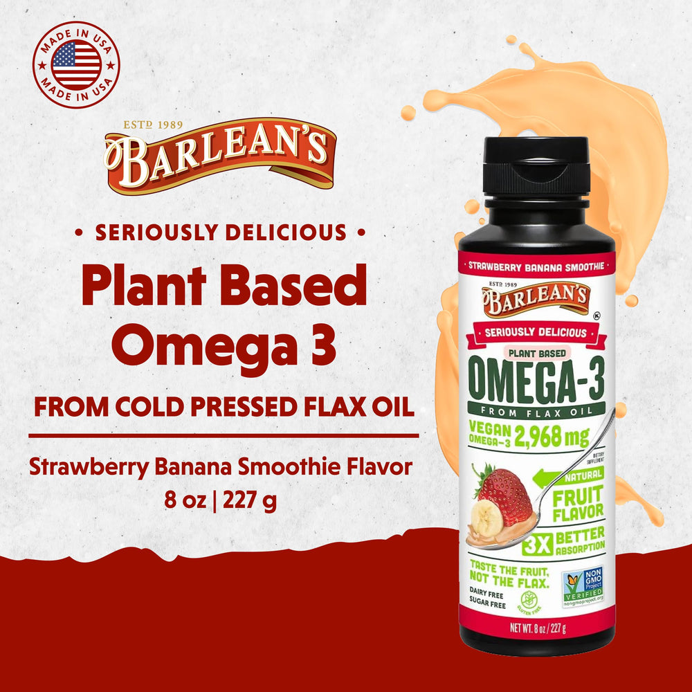 Barlean's vegan flaxseed oil bottle pouring for easy spoonfuls