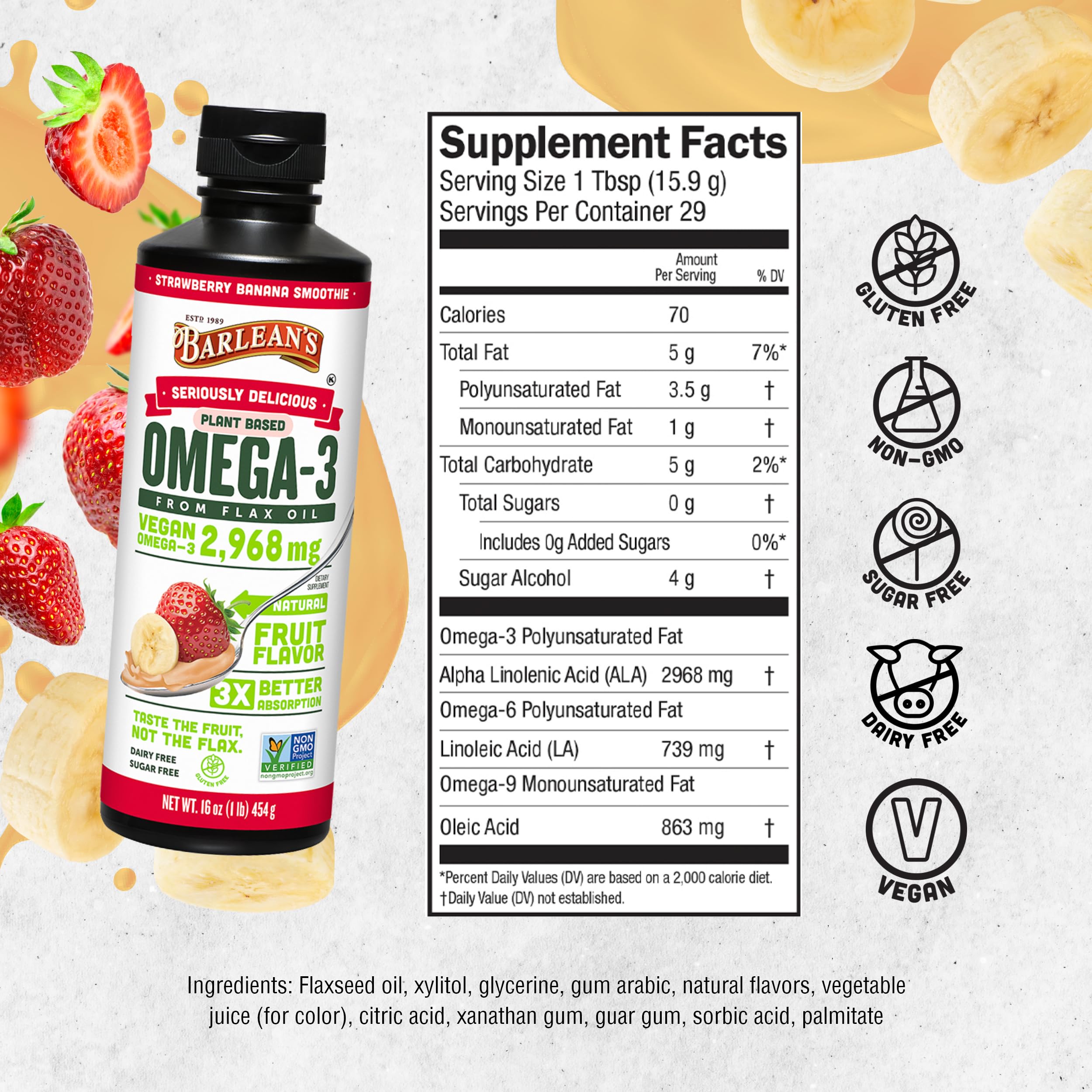 Barlean's flaxseed oil label showing non-GMO and gluten-free attributes