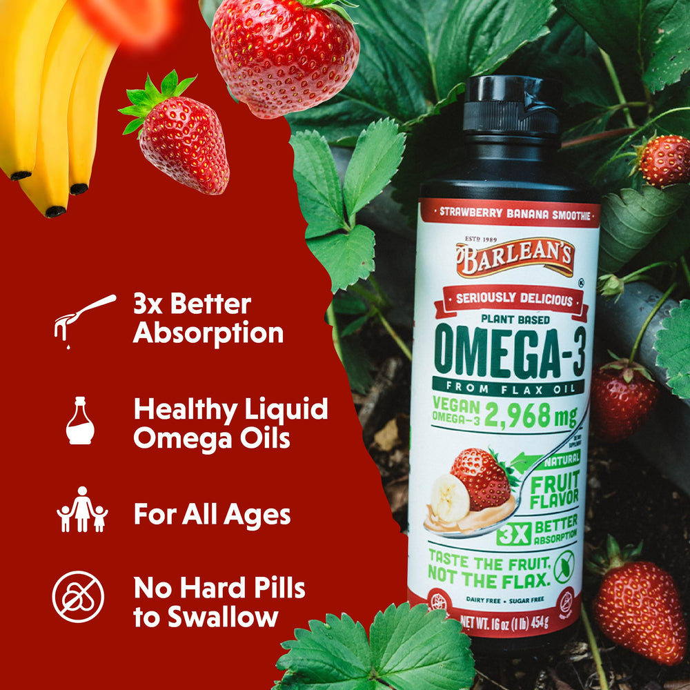 Barlean's flaxseed oil sprinkled into oatmeal for a fruity boost