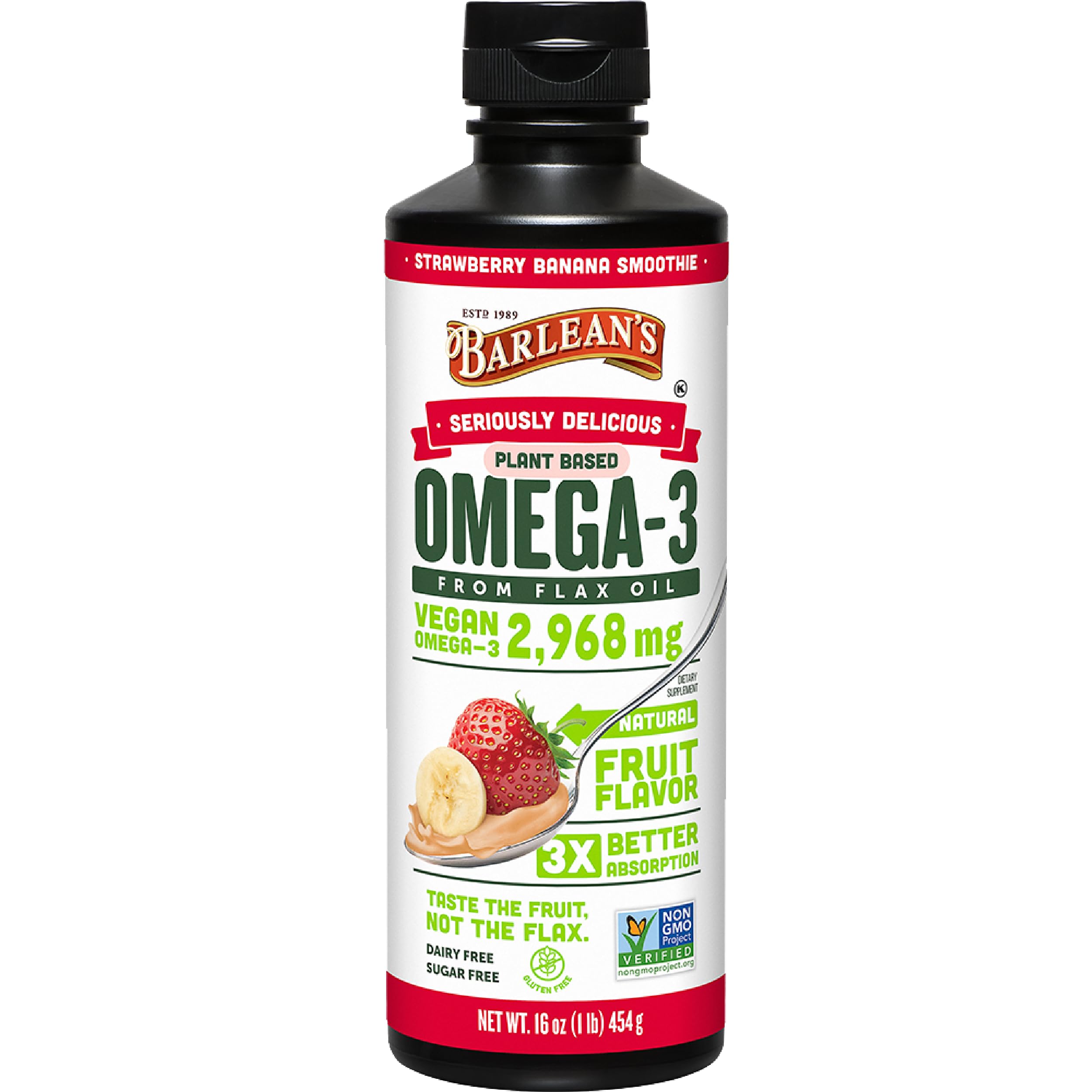 Barlean's vegan flaxseed oil bottle with strawberry banana flavor for daily omega-3-6-9 intake