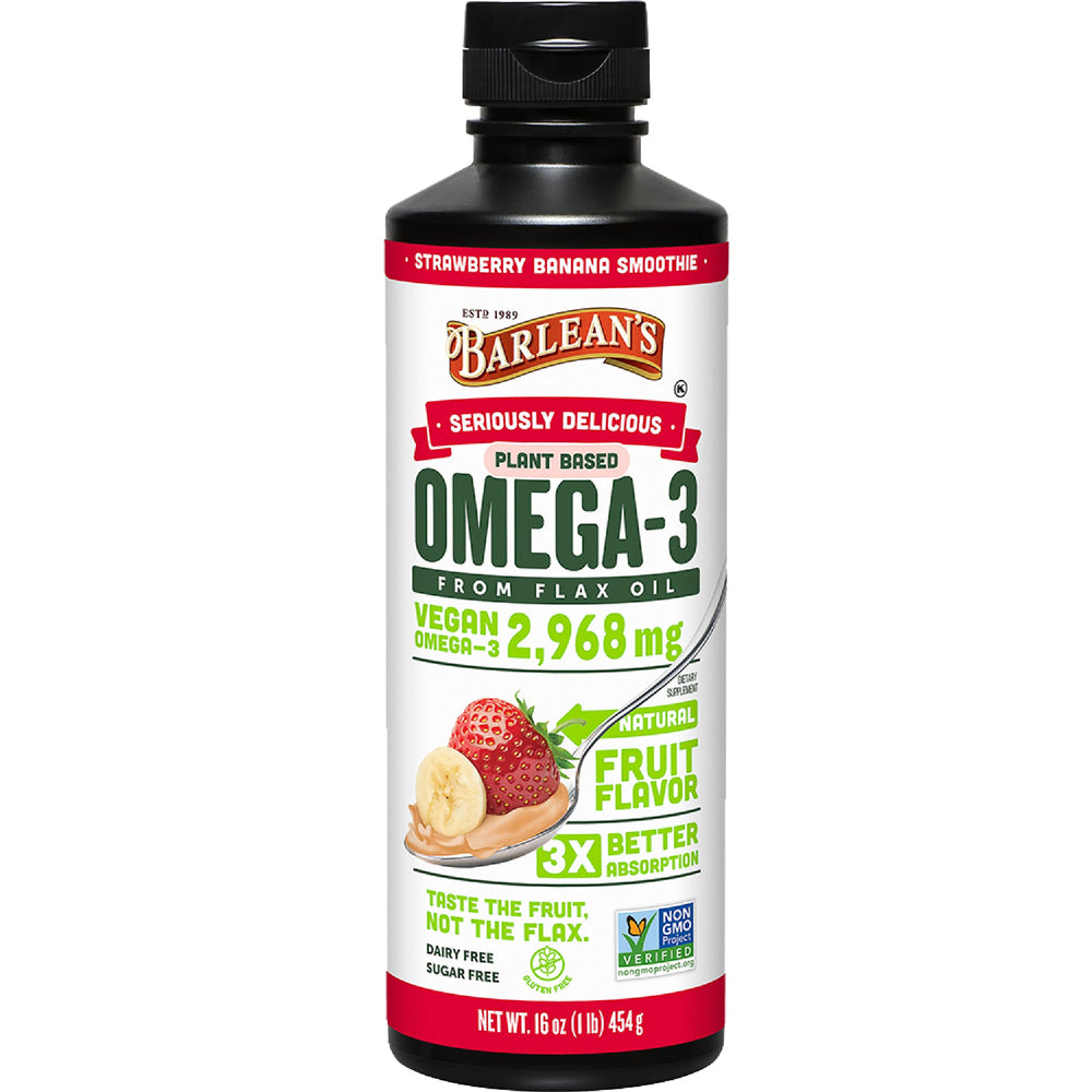 Barlean's vegan flaxseed oil bottle with strawberry banana flavor for daily omega-3-6-9 intake