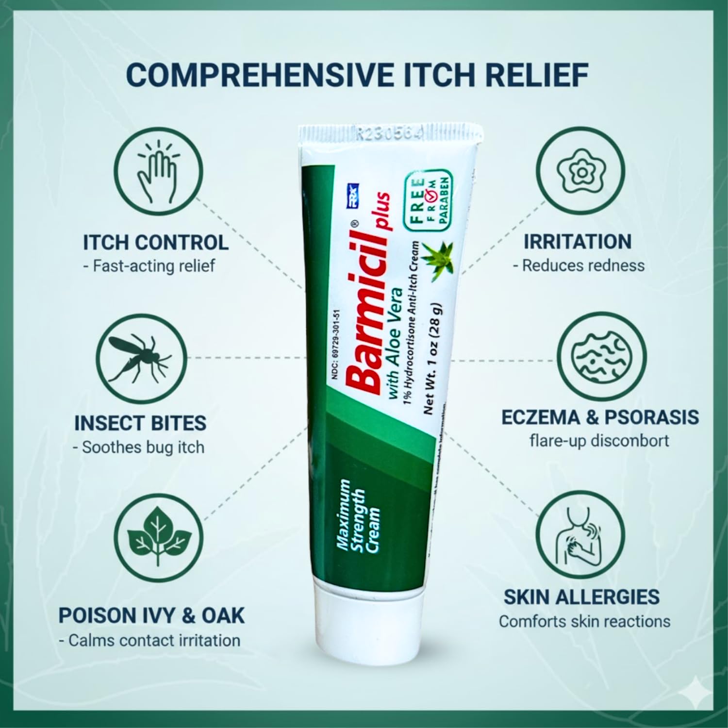 Barmicil Plus aloe vera cream on skin for hydration.