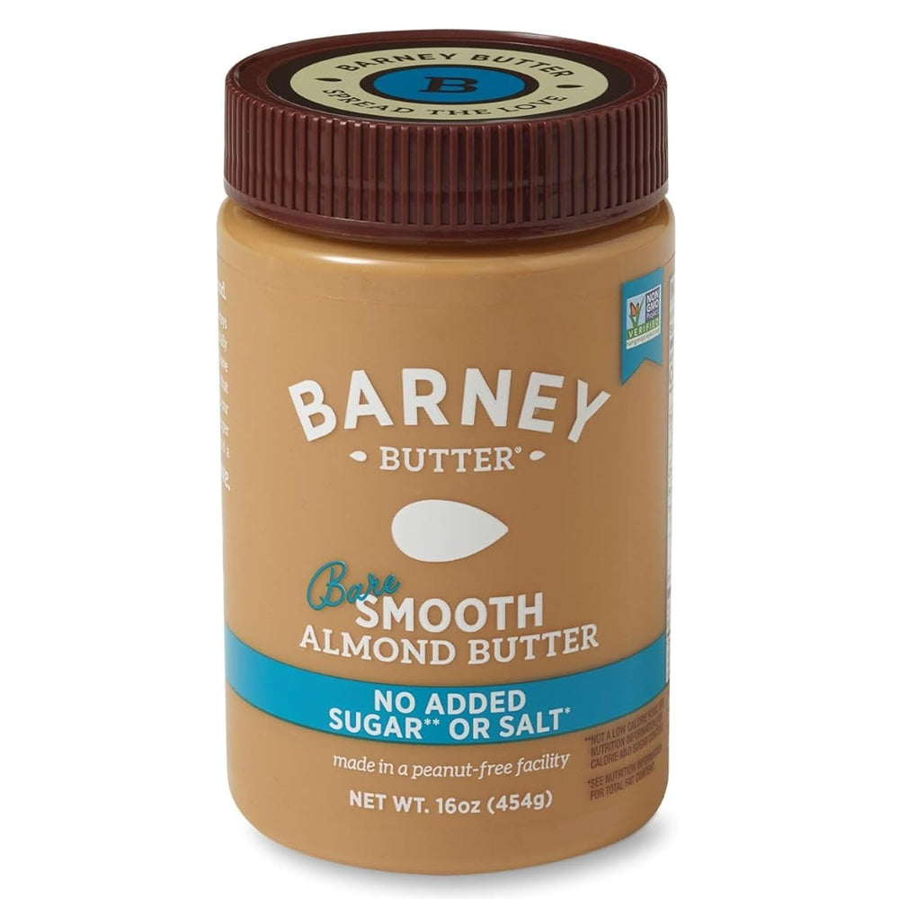 Barney Butter almond butter bare smooth jar highlights a grit-free, ultra-smooth spread for toast.