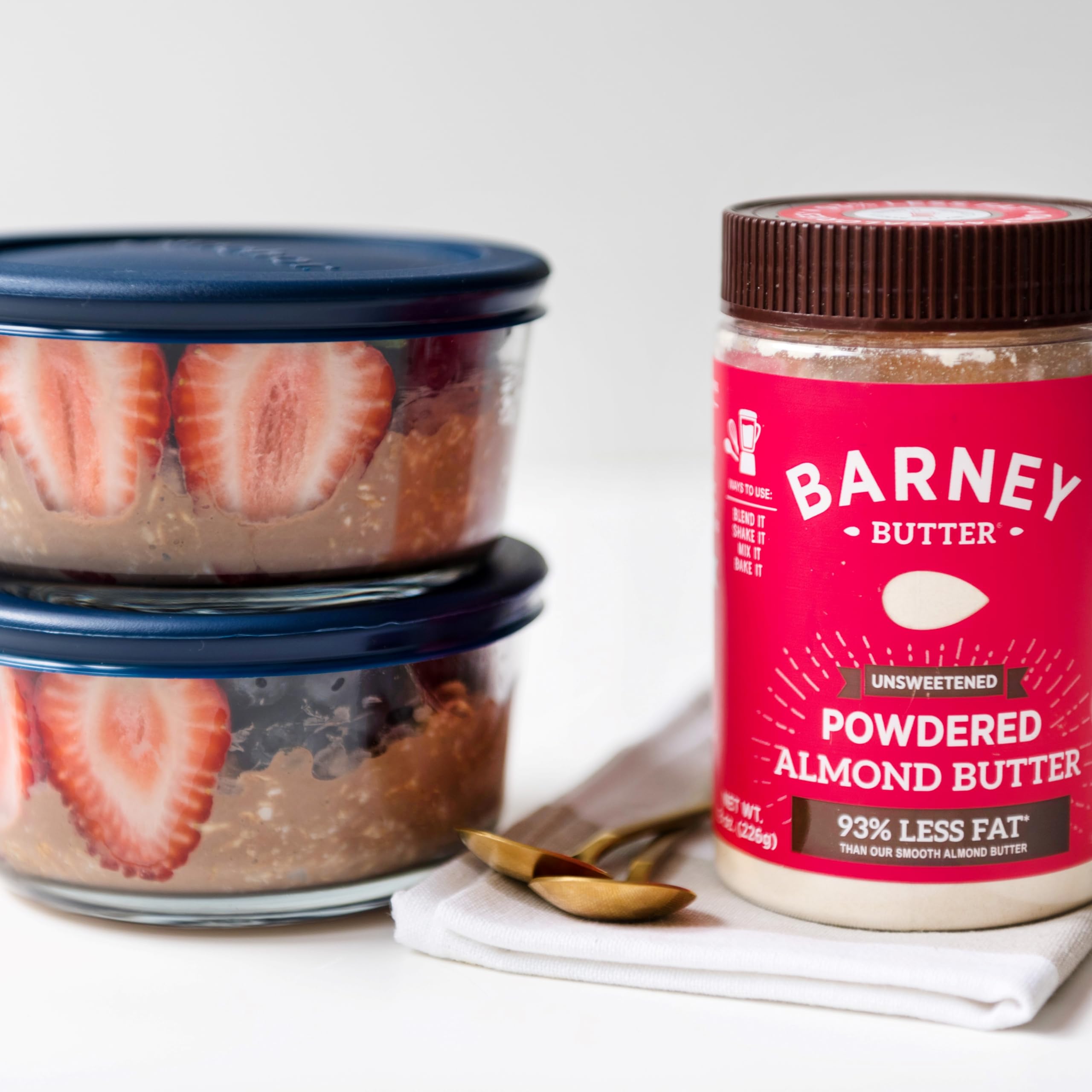 Barney Butter unsweetened powder label shows non-GMO and gluten-free.
