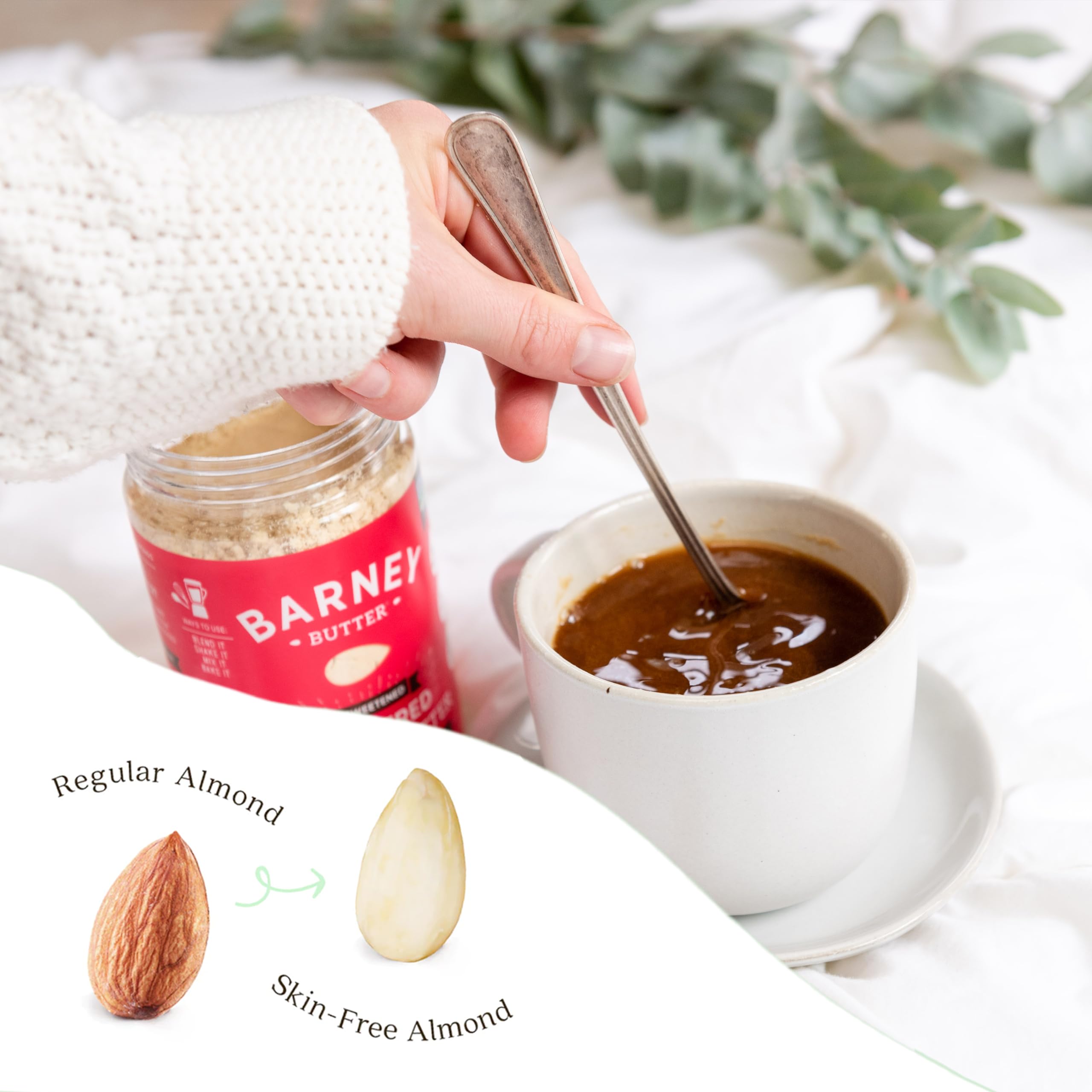 Barney Butter powder image focusing on one-ingredient protein boost.
