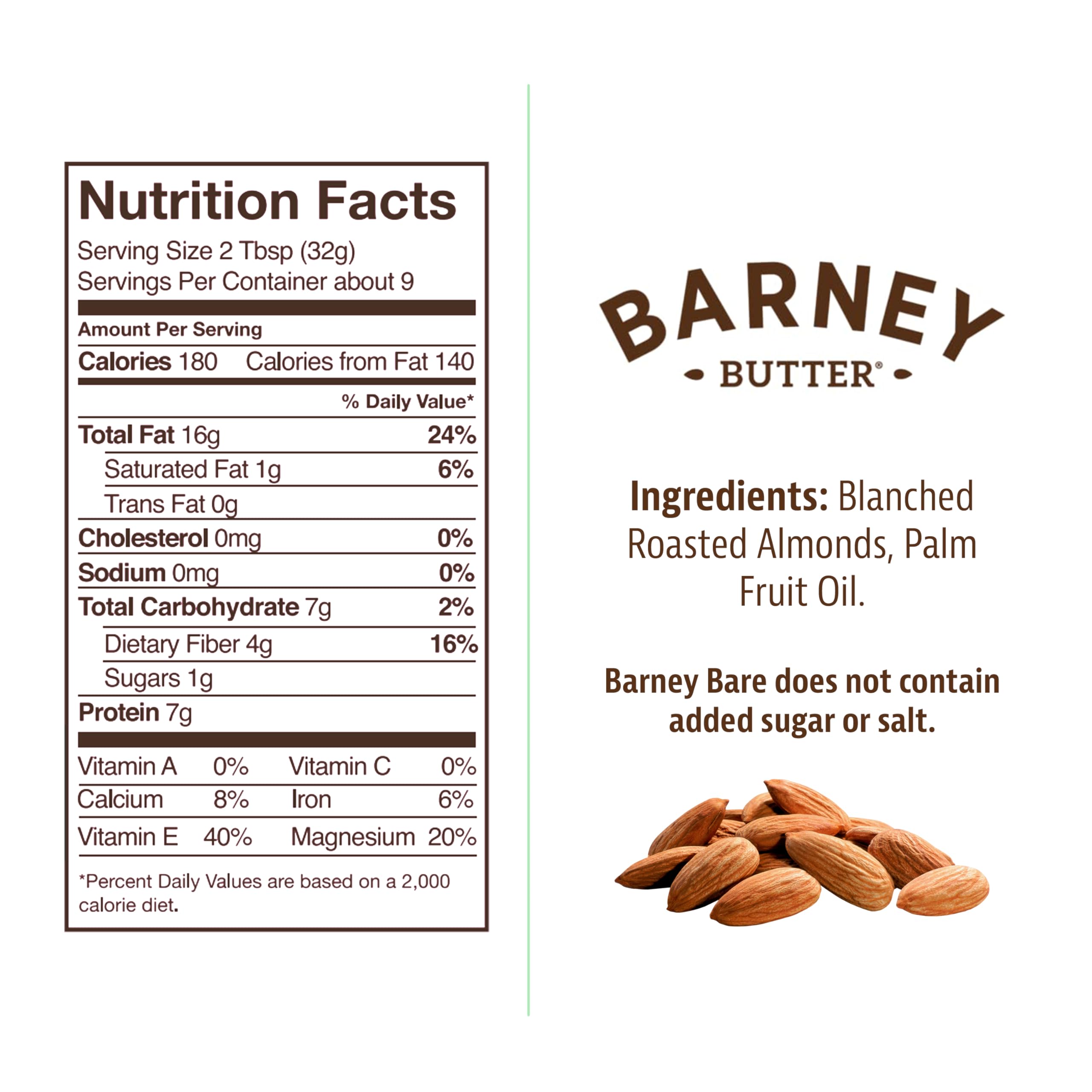 Barney Butter skin-free California almonds highlight smooth, grit-free texture for easy spreading.