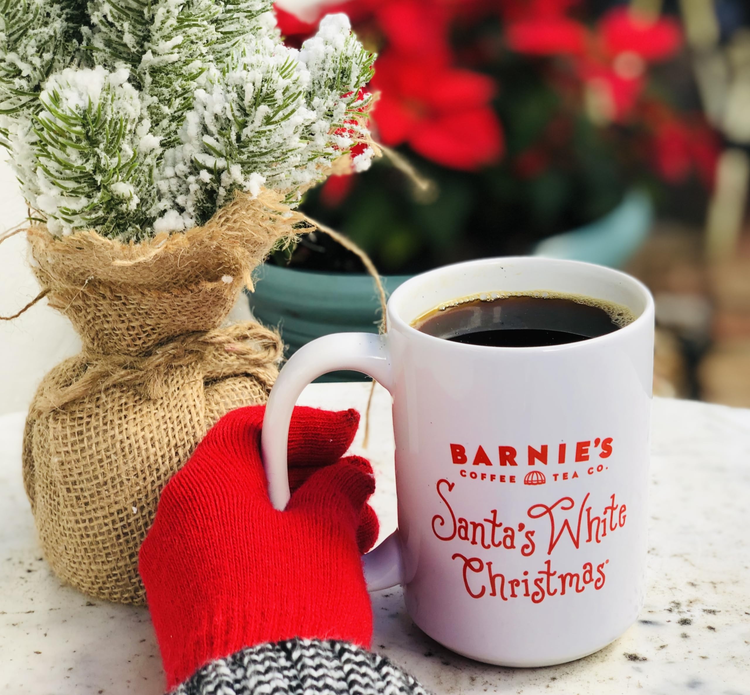 Barnie's Santa's White Christmas K-Cups aroma drifting from a cup for a cozy morning ritual.