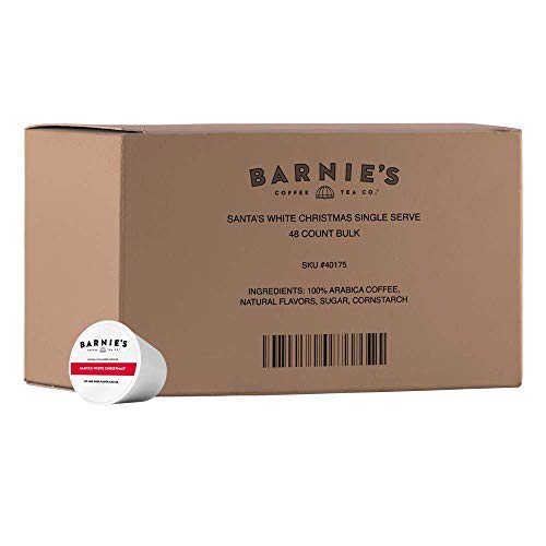 Barnie's Santa's White Christmas K-Cups packaging close-up highlighting coconut, vanilla, caramel notes.