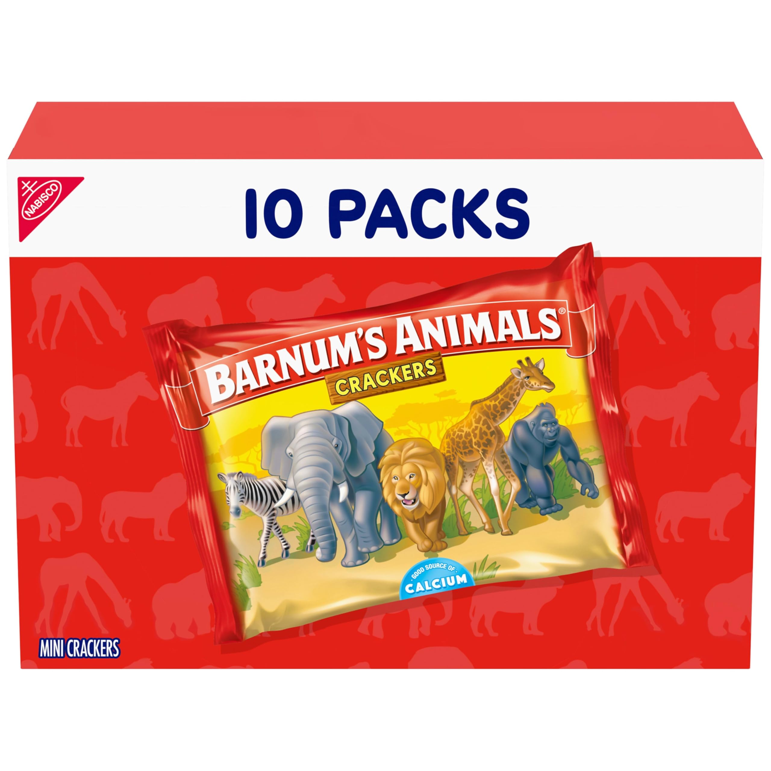 Barnum's Animal Crackers packaging showing ten single-serve packs for easy snacking