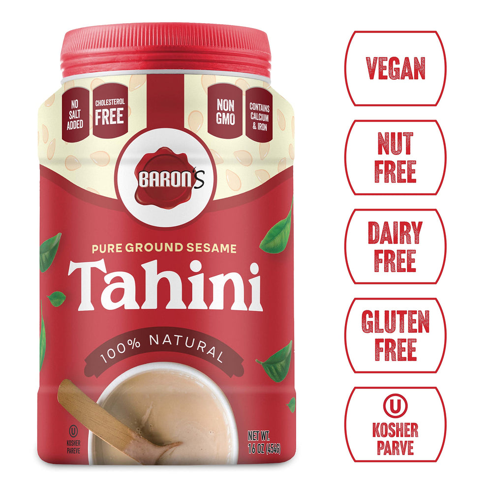 Baron's tahini used for versatile dips and sauces with nutty flavor.