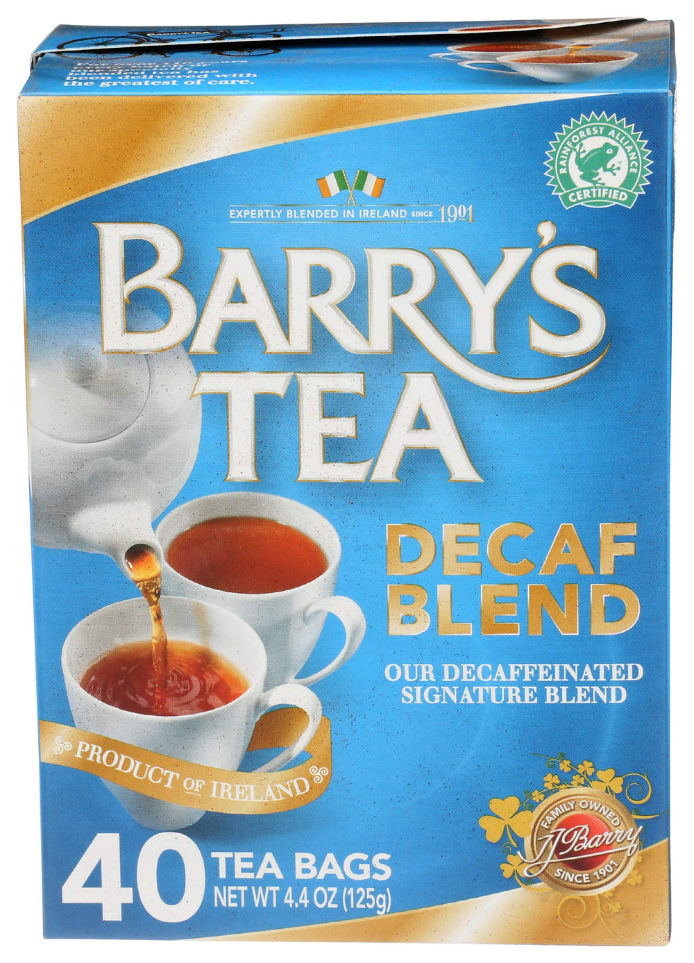Barry's Tea Decaf 40 ct box on display for caffeine-free mornings