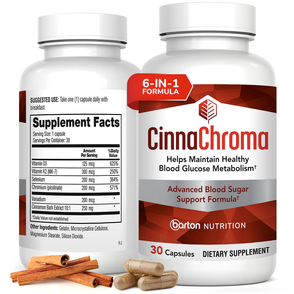Barton Nutrition CinnaChroma capsule close-up showing cinnamon extract for natural sugar balance