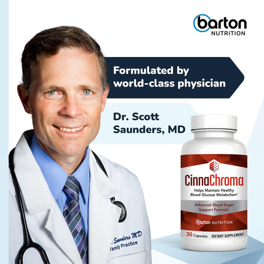 Barton Nutrition CinnaChroma bottle beside healthy snack suggesting metabolic support