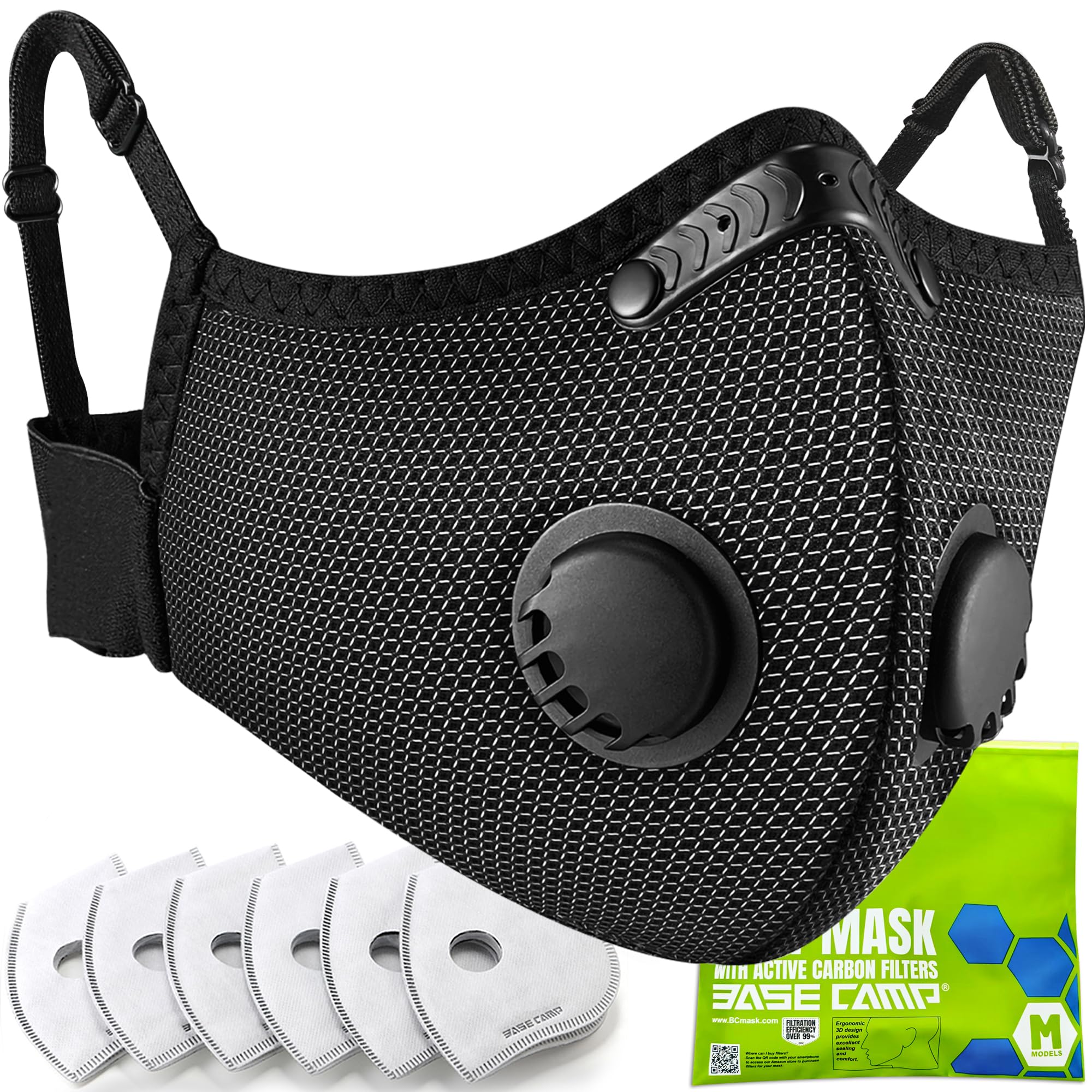 BASE CAMP M Plus dust mask front view in silver and black for standout protection