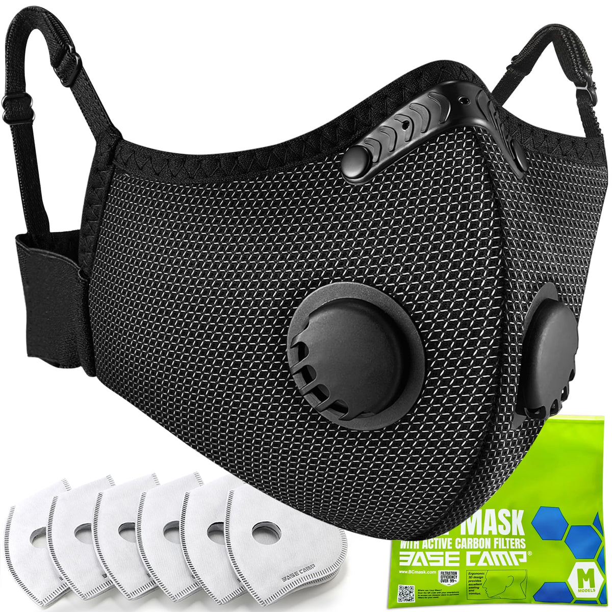 BASE CAMP M Plus dust mask front view in silver and black for standout protection