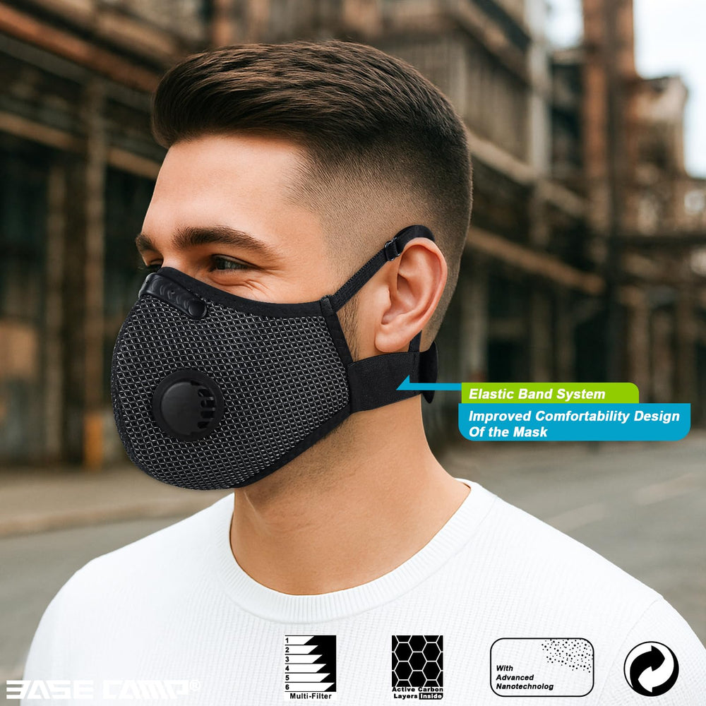 BASE CAMP M Plus mask worn on face showing comfortable, secure fit