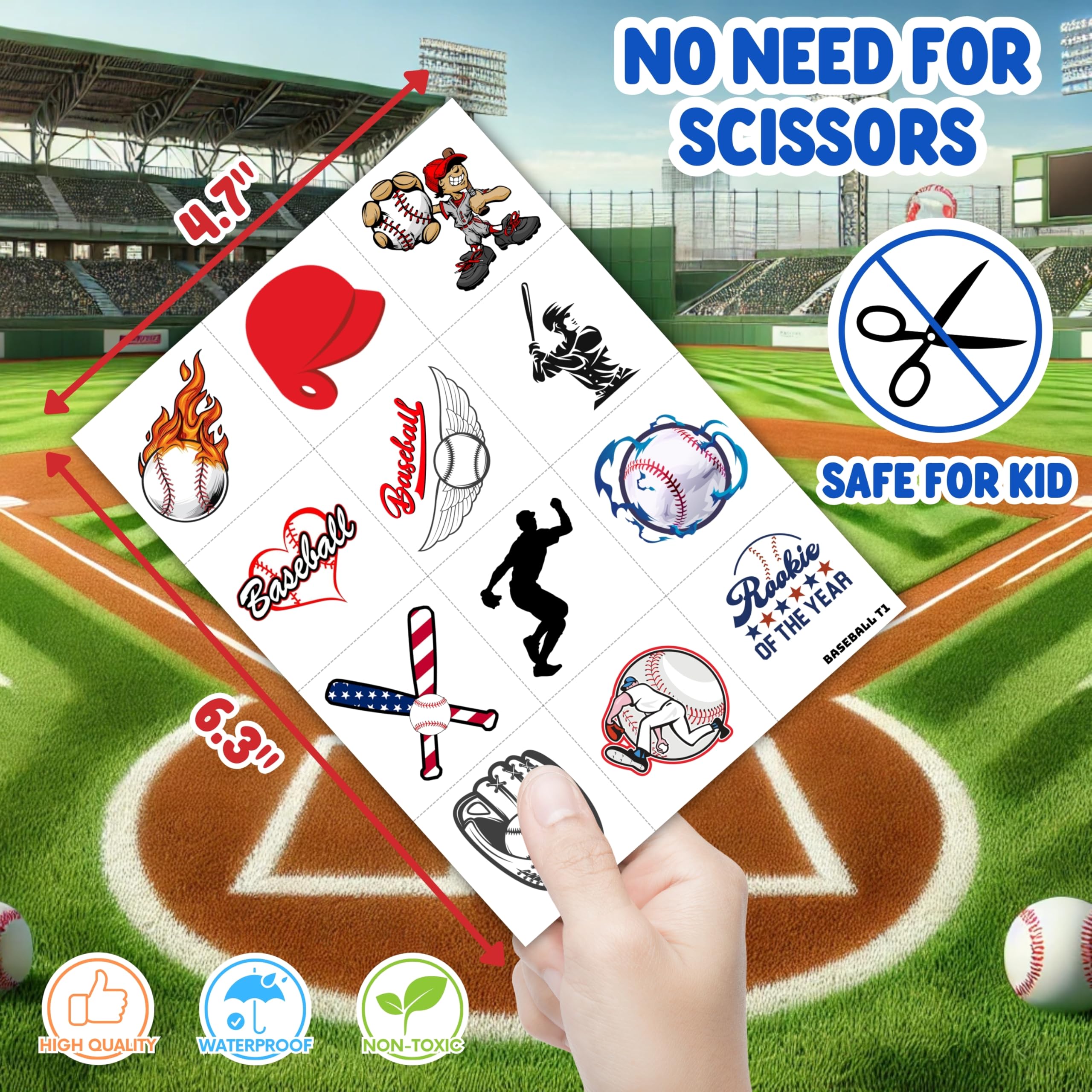 Baseball tattoos 96pcs easy-peel sheets for quick application.