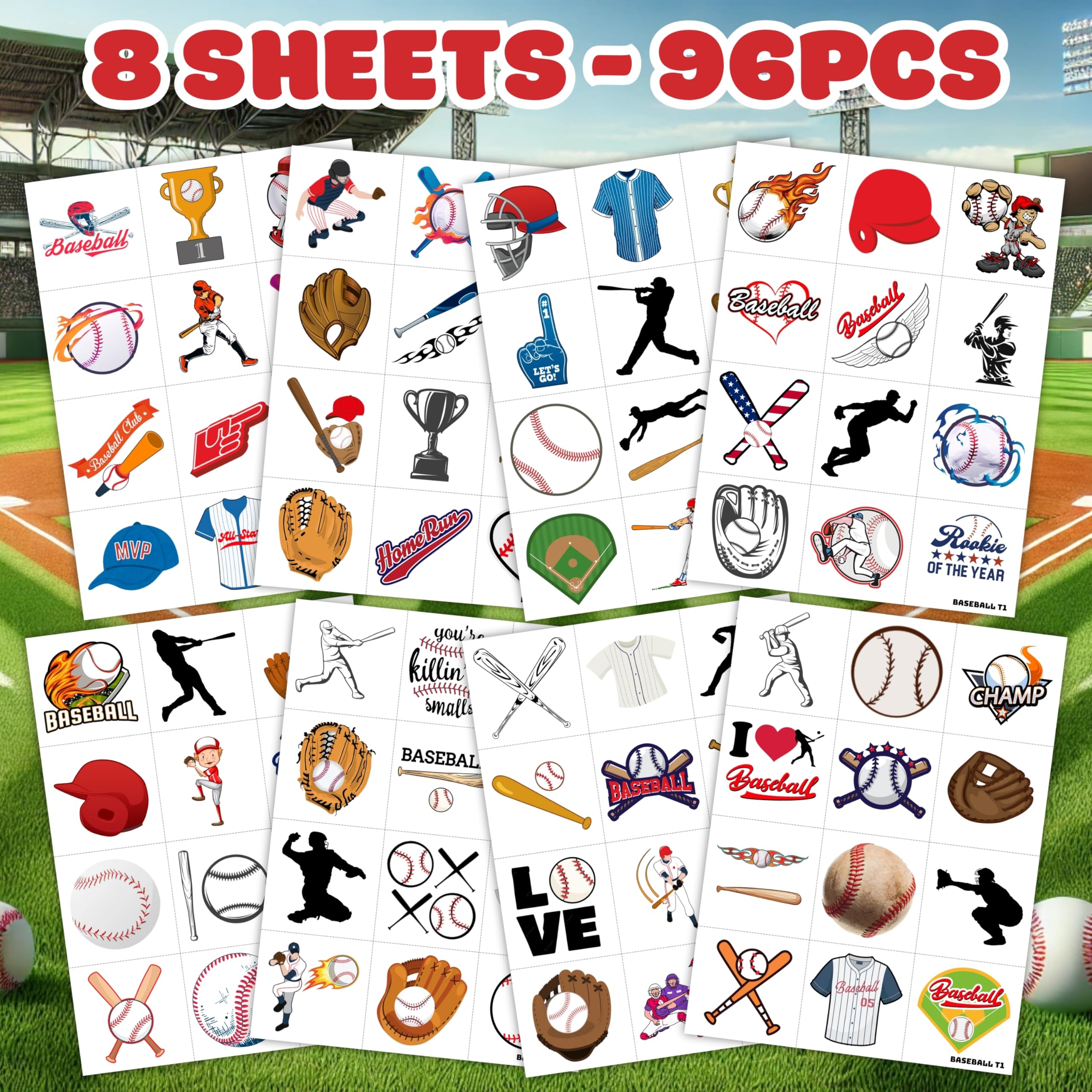 Baseball tattoos 96pcs kid-friendly graphics ideal for classroom rewards.